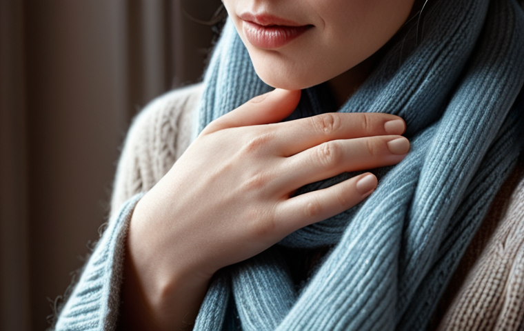 **

A close-up shot of a hand gently touching a luxurious cashmere scarf. The scarf is draped over a neck, suggesting warmth and comfort on a cold winter's day. Soft, diffused lighting emphasizes the texture and softness of the cashmere. Focus on evoking a sense of tactile pleasure and emotional well-being.

**