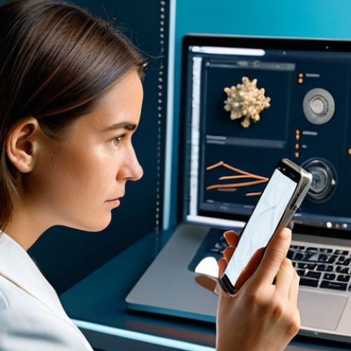 Home 6 A thoughtful female product designer in a modest business casual blazer and simple blouse, examining the intricate internal components of a disassembled smartphone on a clean, modern workstation. The background subtly features abstract representations of raw material elements like copper wires and rare earth minerals, artistically arranged to symbolize their origin. The lighting is bright and professional. fully clothed, appropriate attire, safe for work, perfect anatomy, correct proportions, natural pose, well-formed hands, proper finger count, natural body proportions, modest, high quality studio photography.