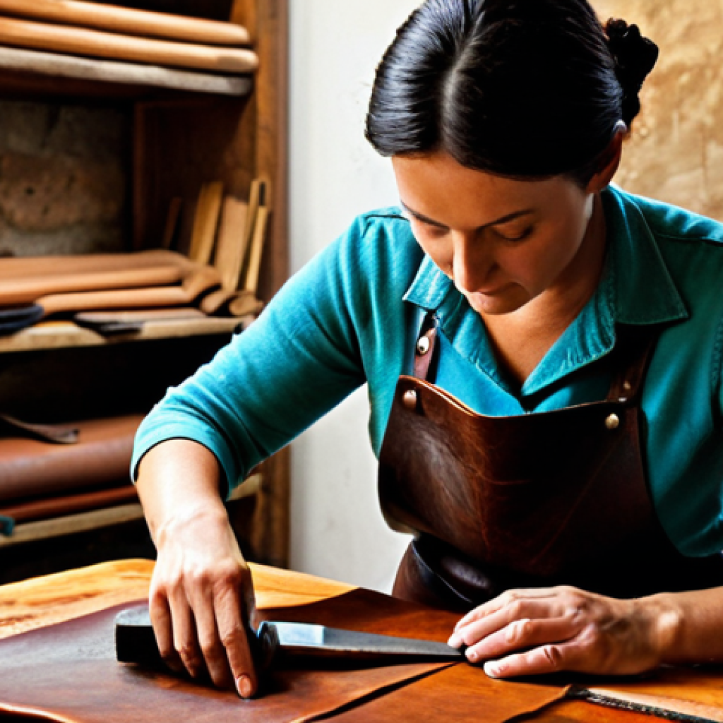 Artisan Workshop**

"A skilled artisan in a brightly lit Tuscan workshop, carefully crafting a leather handbag.  She is fully clothed in modest work attire, using traditional tools.  The workshop is filled with the scent of leather and wood.  There are various textures visible: smooth leather, rough wood, and textured fabrics.  Safe for work, appropriate content, family-friendly.  Perfect anatomy, correct proportions, natural pose, well-formed hands, proper finger count, natural body proportions, professional photography, high quality."

**