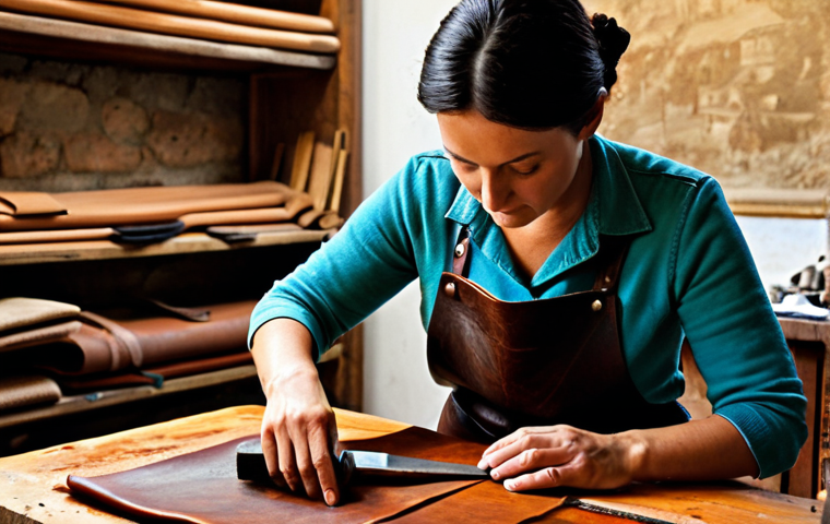 Artisan Workshop**

"A skilled artisan in a brightly lit Tuscan workshop, carefully crafting a leather handbag.  She is fully clothed in modest work attire, using traditional tools.  The workshop is filled with the scent of leather and wood.  There are various textures visible: smooth leather, rough wood, and textured fabrics.  Safe for work, appropriate content, family-friendly.  Perfect anatomy, correct proportions, natural pose, well-formed hands, proper finger count, natural body proportions, professional photography, high quality."

**